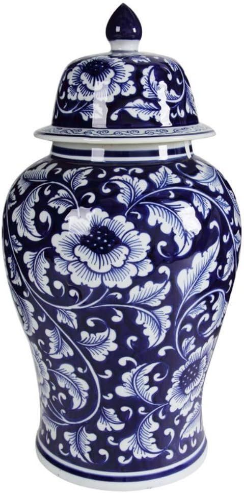 Benjara Floral Design Ginger Jar with Lid, Blue and White | Amazon (US)