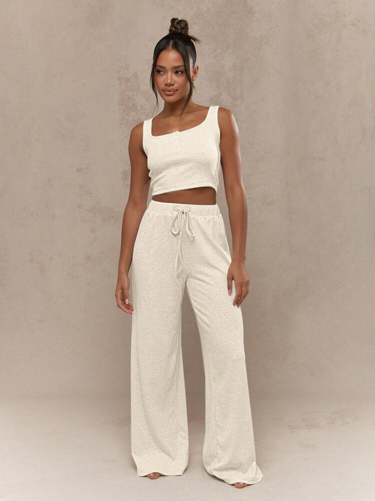 MISSGUIDED Luxury Ribbed Knit Lounge Set Two Piece Loungewear Set With Crop Top And Wide Leg Pants Casual Comfort Wear Perfect For Home Yoga Travel Leisure | SHEIN
