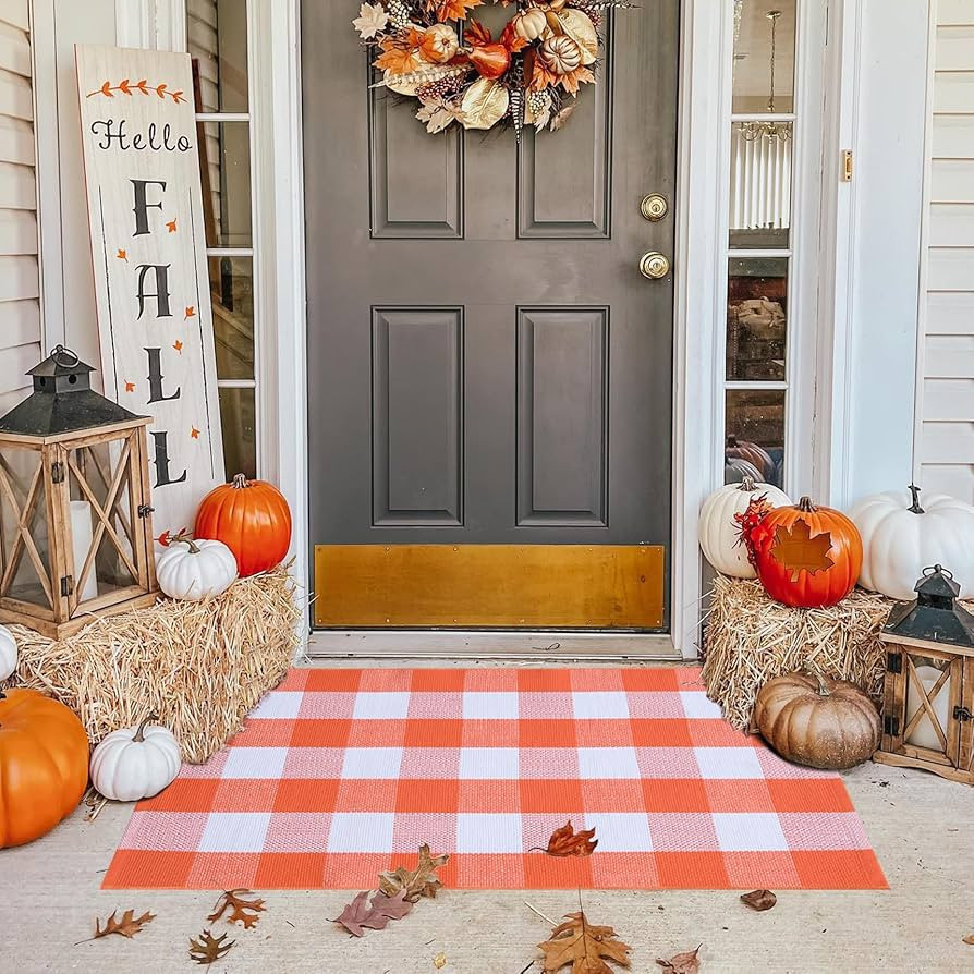 Fall Outdoor Orange and White Plaid Rug - 28 x 43 Inches Cotton Hand-Woven Checked Rug Layered Do... | Amazon (US)