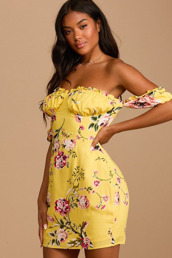 Cheery Day Yellow Floral Print Off-the-Shoulder Mini Dress | Lulus (US)