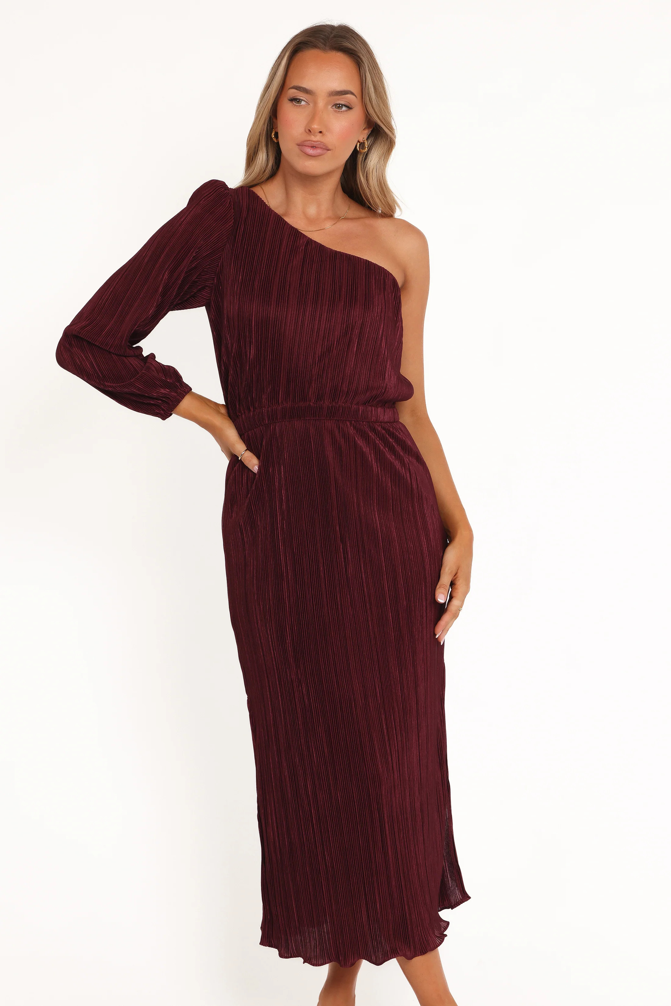 Pontee One Shoulder Pleated Midi Dress - Burgundy | Petal & Pup (US)