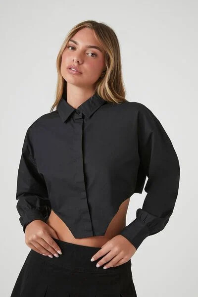 Cropped Curved-Hem Shirt | Forever 21