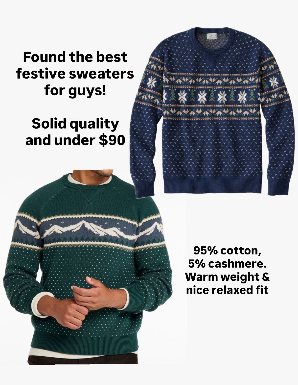 Nick’s full men’s gift guide is on my blog extrapetite.com

After trying many pricier men’s holiday sweaters options including Ralph Lauren, this was the winner!

• ll bean fair isle sweaters shipped free and quickly 
• Sizing: Nick is 5’8” 165 lb and medium is perfect, will be keeping it out of the machine dryer to avoid shrinking. For the navy fair isle color, The length and sleeves are a little shorter than other brands so fit Nick perfectly 

Can go from casual to slightly dressier holiday parties and Christmas events

#LTKGiftGuide #LTKMens #LTKHoliday