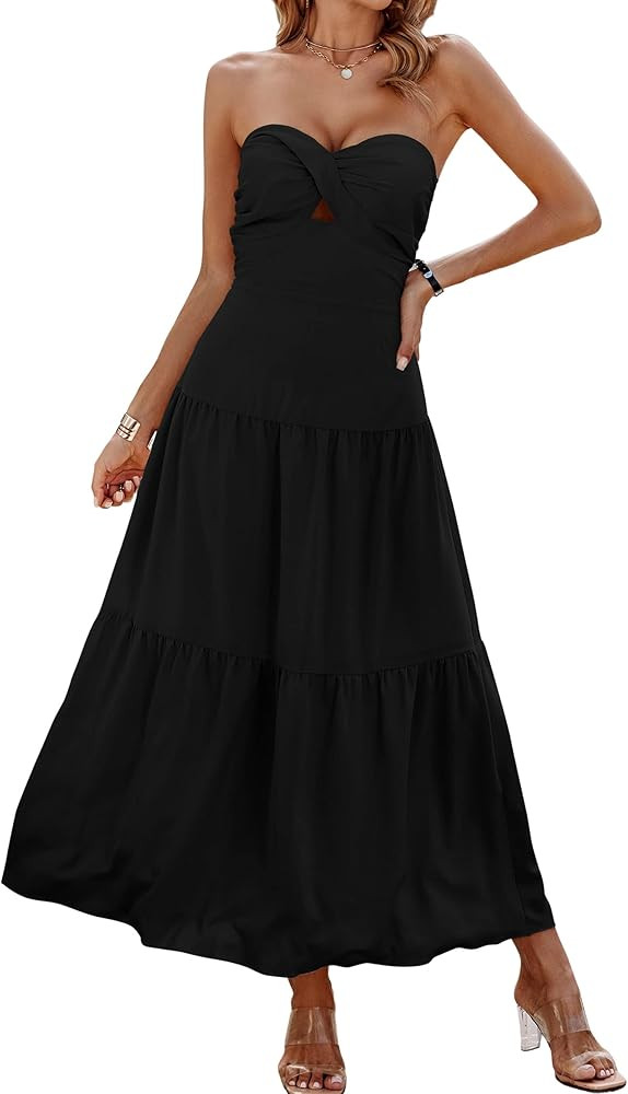 ECOWISH Women's Summer Strapless Dress Maxi Off Shoulder Hollow Out Smocked A Line Tube Tiered Lo... | Amazon (US)