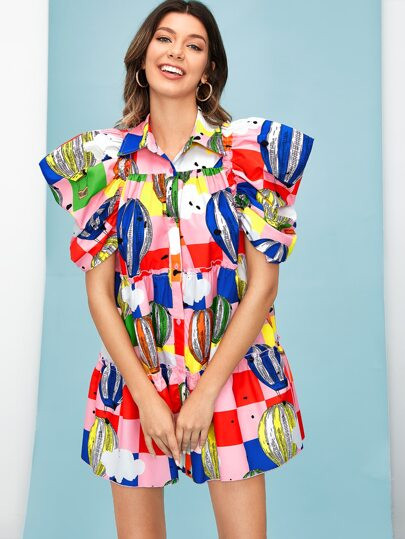 SHEIN X SHAQUITA GARCIA Hot Air Balloon Print Puff Sleeve Ruffle Hem Smock Dress | SHEIN
