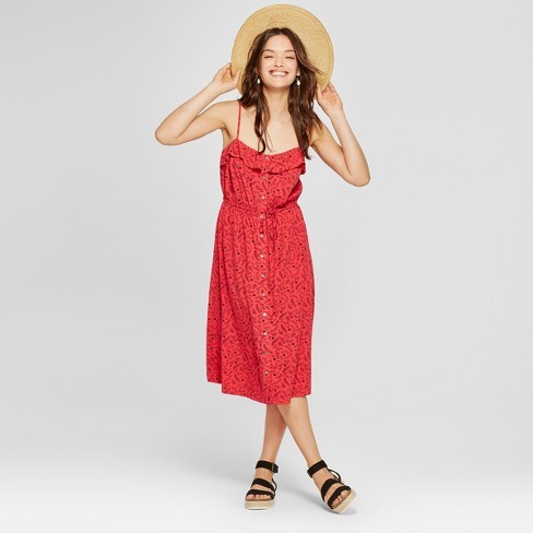 Women's Button Front Ruffle Dress - Universal Thread™ Red | Target