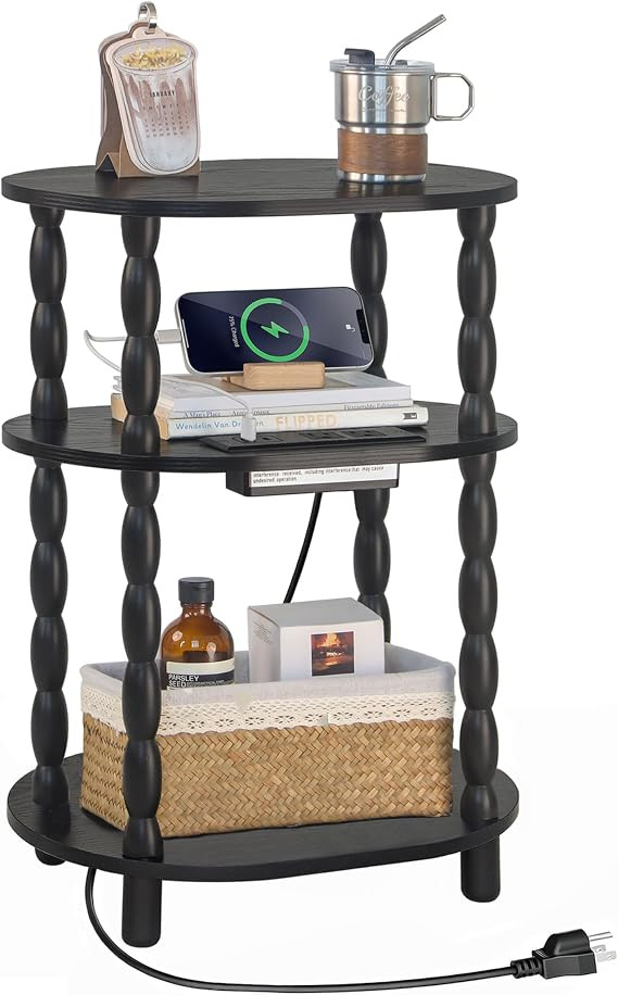 MaxSmeo Black Side Table with Charging Station, 3-Tier Small Oval End Table with USB Ports and Ou... | Amazon (US)