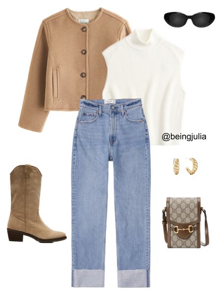Fall Outfit Inspiration - details below:
-Wool blend tan jacket from Abercrombie. Comes with a matching scarf in the same colour. 
-White sleeveless turtleneck sweater from Abercrombie. 
-Ultra high rise ankle straight jeans with a rolled hem in a medium blue. 
-Mid rise tan suede cowboy boots. 
-Gucci crossbody mini bag. 
-Mejuri croissant dome hoop earrings. 



#LTKBacktoSchool #LTKSeasonal #LTKstyletip