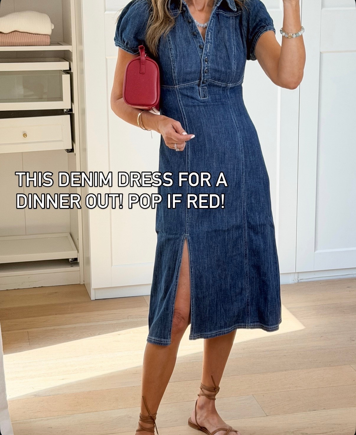 Denim dress with pretty details! I’m 5’6”, wearing XS 
-red @Quince bag 
@Anthropologie 
@Margaux