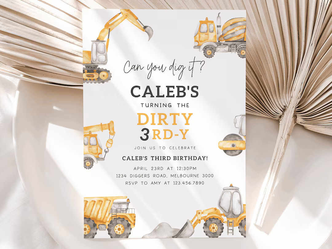 Construction Dirty 3RD-Y Birthday Invitation, Editable Template, Construction Trucks 3rd B'day In... | Etsy (US)