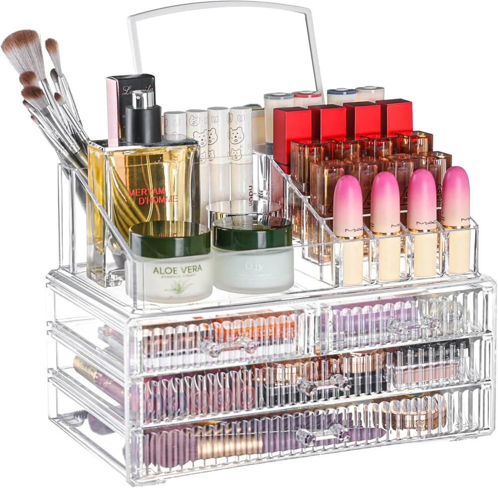 2 Pack Clear Skincare Organizer,Make up Organizers for Vanity - WIth 4 drawers and 1 Mirror- Cosm... | Amazon (US)