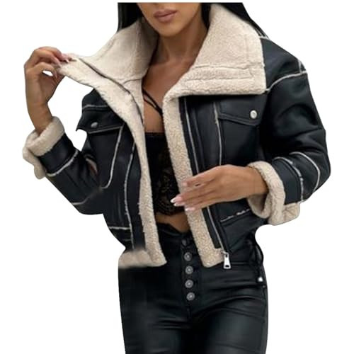 Womens Winter Leather Jacket Fleece Lined Sherpa Jackets Faux Fur Coats Motorcycle Jacket Fashion Cropped Bomber Jacket | Amazon (US)