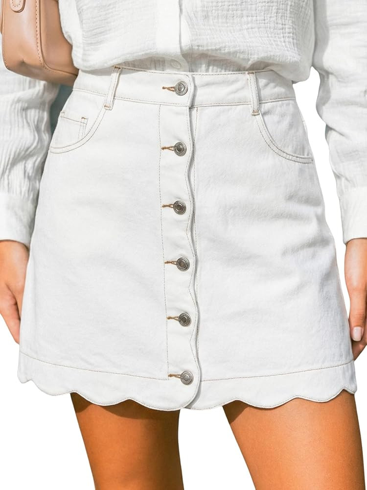 CUPSHE Women\u2019s Denim Mini Skirt Button Front A-Line Jean High Waist Scalloped Hem Casual Out... | Amazon (US)