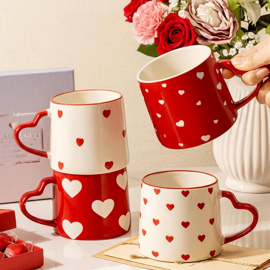 Bokon 4 Pcs Valentines Coffee Mugs 12 oz Heart Coffee Mug with Heart Handle Novelty Red White Cer... | Amazon (US)