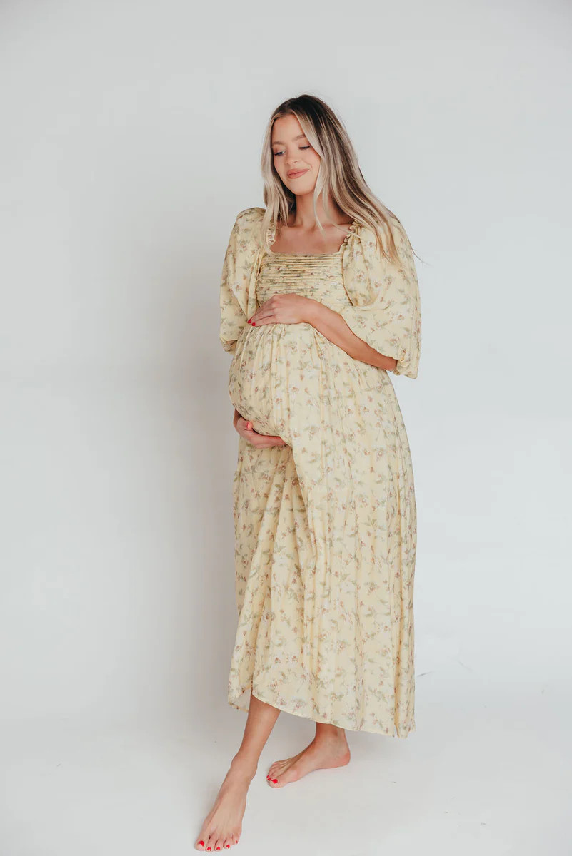 Melody Maxi Dress with Pleats and Bow Detail in Yellow Floral - Bump F | Worth Collective