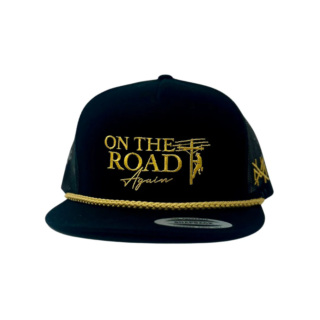 MHC On The Road Again Trucker Hat 6006 Black with Gold Rope Yupoong | The Mad Hatter Company