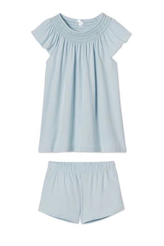 Pima Smocked Flutter Shorts Set in Rainwash | Lake Pajamas