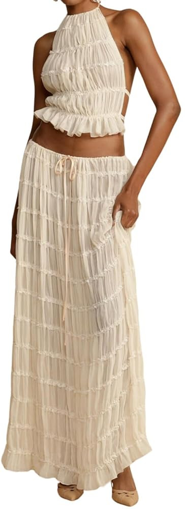 Womens Y2k Maxi Skirt Set Backless Lace Halter Crop Top and Long Skirt Sets Beach Cocktail Club D... | Amazon (US)