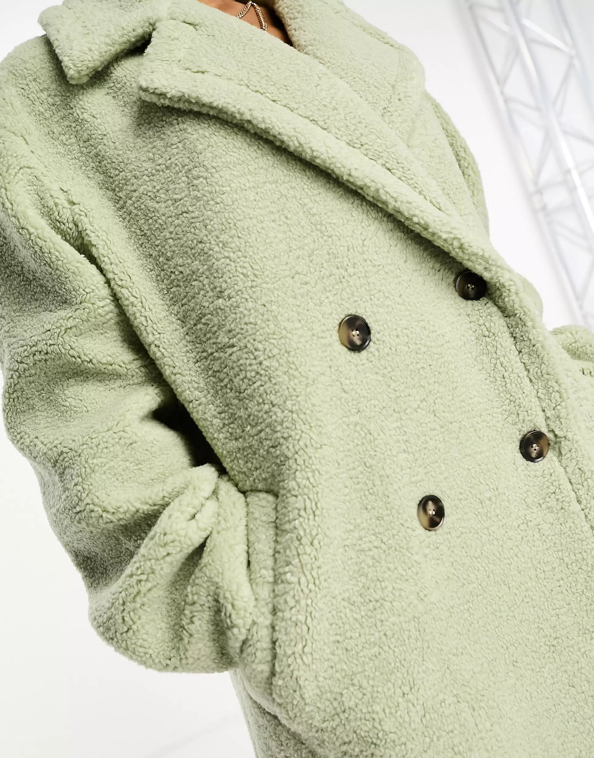 The Frolic soft borg double breasted cocoon coat in soft sage | ASOS (Global)
