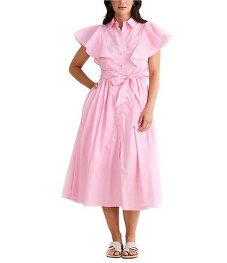 Marigold Cotton Ruffle Sleeve Collared V-Neck Button Front Midi Dress | Dillard's