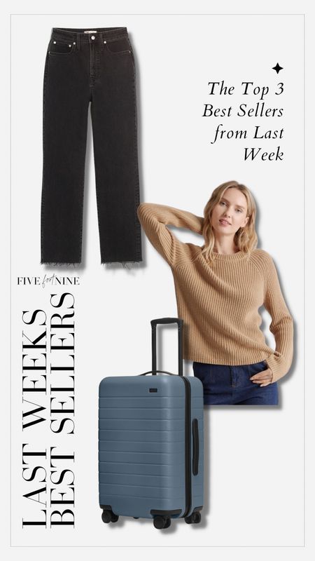 Best sellers, black wash denim, cotton crewneck sweater, away carryon luggage 