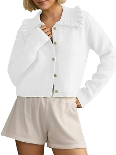 Ythomm Womens Ruffle Collar Cropped Cardigans Button Down Open Front Long Sleeve Knit Sweater Jac... | Amazon (US)