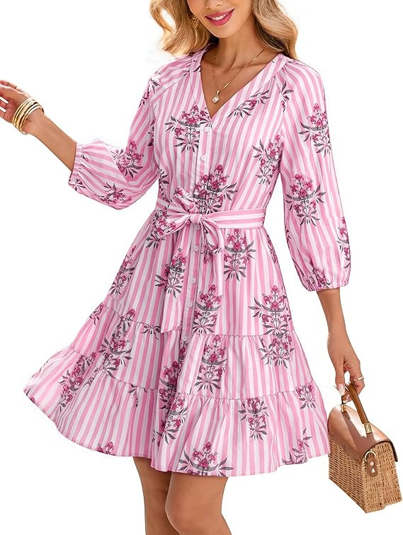 Women Floral Dresses 2026 Casual Long Sleeve Button Down Mini Dress Swing Short Dress with Belt | Amazon (US)