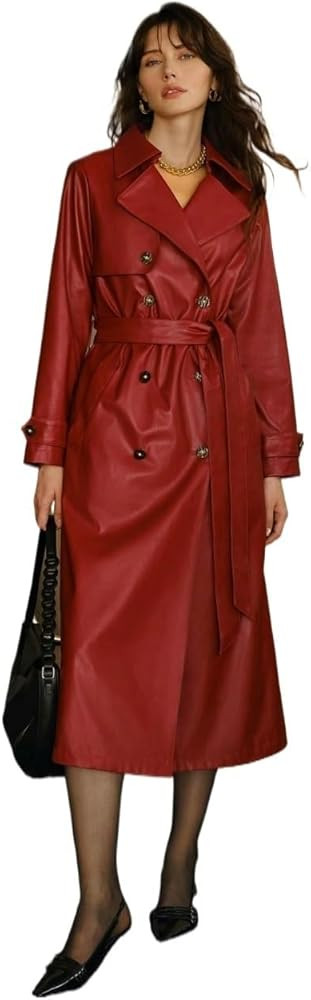 womens trench coat PU LEATHER LAPEL COLLAR DOUBLE BREASTED PLACKET BELTED TRENCH COAT | Amazon (US)