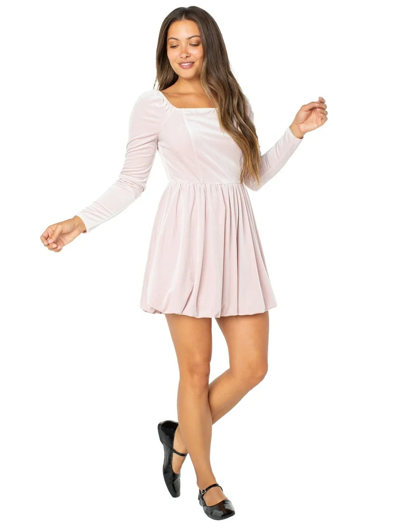 Celebrity Pink Women's Long Sleeve Velvet Bubble Hem Mini Dress, Sizes XS-XXXL | Walmart (US)