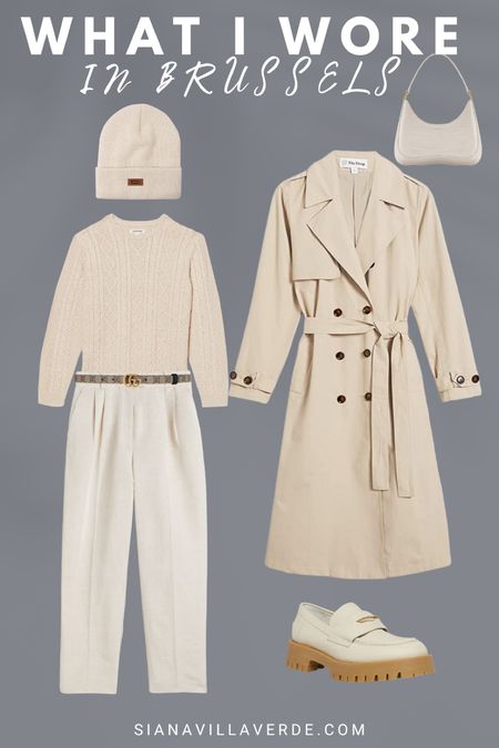 Winter outfit idea, neutral style, holiday style, trench coat, trouser pants, knit sweater, loafers