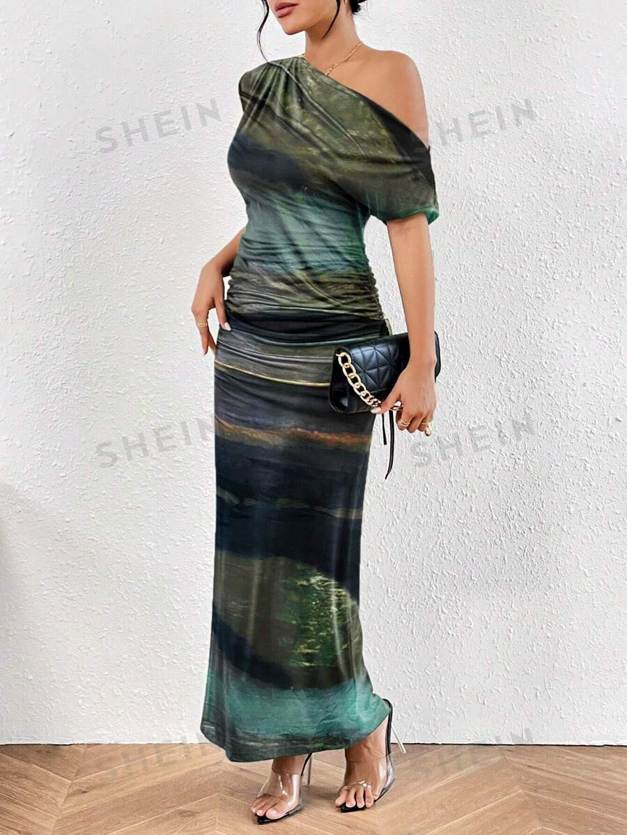 SHEIN Privé Women's Summer Asymmetrical Neck Side Drawstring Bodycon Dress | SHEIN