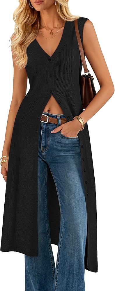 ZESICA Women's Sleeveless Long Cardigan Sweaters 2026 Summer V Neck Oversized Button Down Casual ... | Amazon (US)