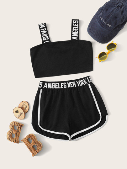 SHEIN Girls Letter Strap Crop Top and Dolphin Shorts Set | SHEIN
