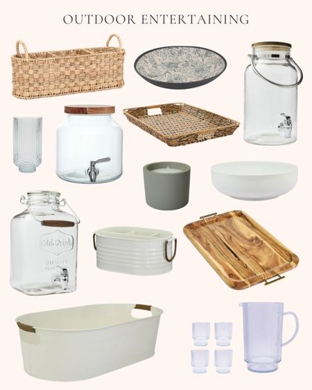 Outdoor entertaining essentials at Walmart. Patio season. Pool season. Outdoor living. Summer. Warm weather. Clear glass 1.5 gallon beverage dispenser. Bamboo melamine floral serve bowl. Outdoor citronella candle. White galvanized utensil caddy. Glass 2 gallon beverage dispenser. White round porcelain serving bowl. Acacia wood serving tray with handles. White oval galvanized tub. 2.2 quart plastic ribbed pitcher and tumblers set. 21 ounce plastic tumblers. Oval rattan caddy   

#LTKhome #LTKSeasonal