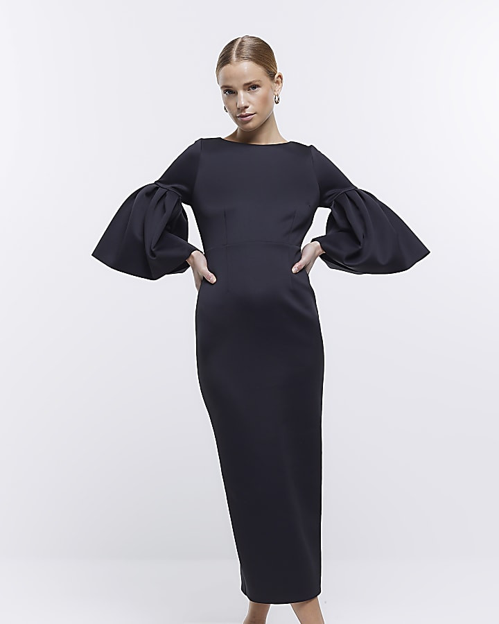 Black bell sleeve bodycon midi dress | River Island (UK & IE)