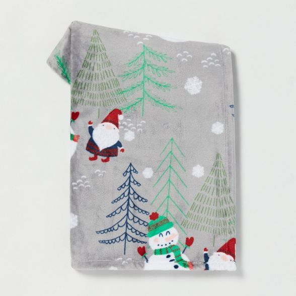 Snowman and Gnome Printed Plush Christmas Throw Blanket Gray - Wondershop™ | Target