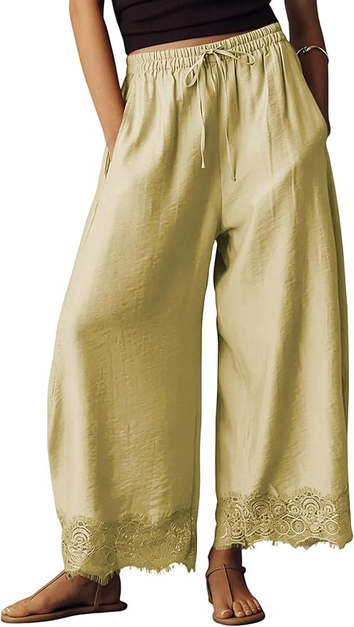 PUWEI Women's Cropped Lace-Hem Pants High Waisted Drawstring Wide Leg Pants Casual Lightweight Tr... | Amazon (US)