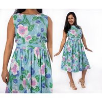Vintage 1960S Dress - Aquamarine Blue Floral Print With Belt Lavender Pink Green Bouquet Garden Medium | Etsy (US)