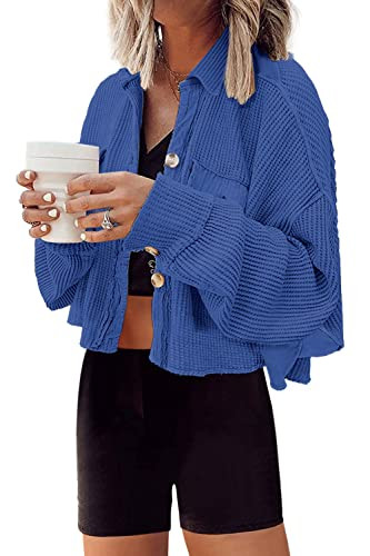 Panadila Women's Cropped Waffle Knit Shacket Short Button Down Jacket Batwing Sleeve Shirts with ... | Amazon (US)