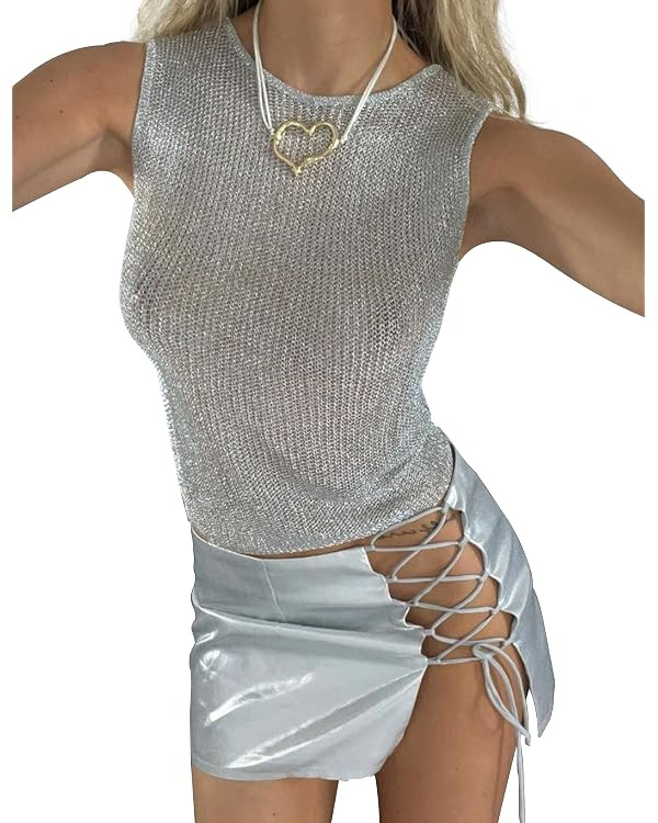Meladyan Women Sexy Fishnet Knit Glittering Crop Tank Going Out Top Sheer Mesh Sleeveless Crewnec... | Amazon (US)