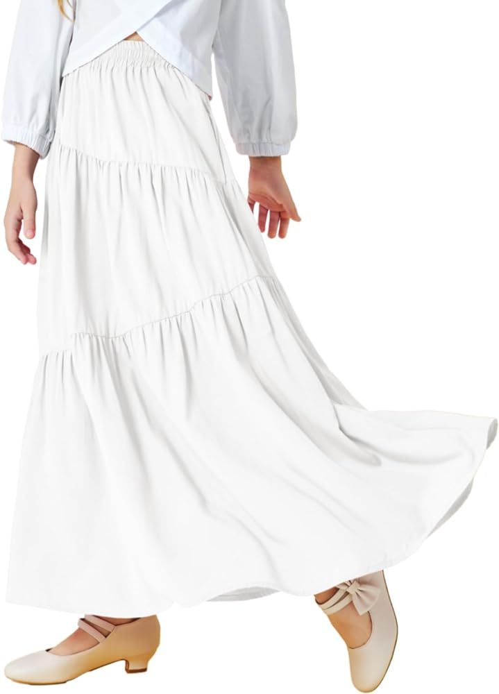 Haloumoning Girls Elastic High Waist Maxi Skirt Boho A-Line Tiered Pleated Long Skirts with Pocke... | Amazon (US)