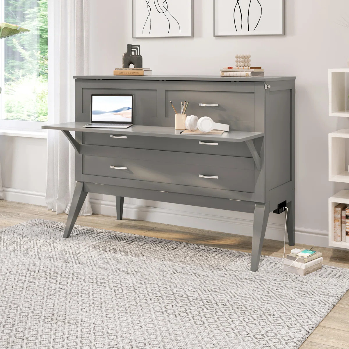 Anuhya Solid Wood Murphy Bed Desk with 6" Mattress and Built-in Charging Station | Wayfair North America