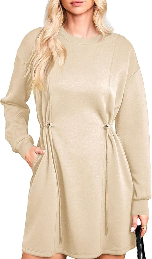 Dokotoo Women's Drawstrings Waistband Long Sleeves Crew Neck Sweatshirt Casual Mini Dress | Amazon (US)
