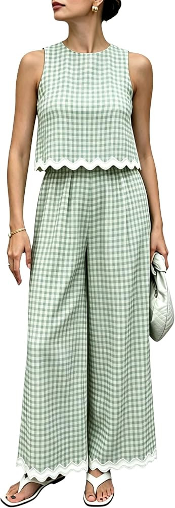 SeekMe Women's Two Piece Outfits Gingham Tank Top Wide Leg Pants Sets | Amazon (US)