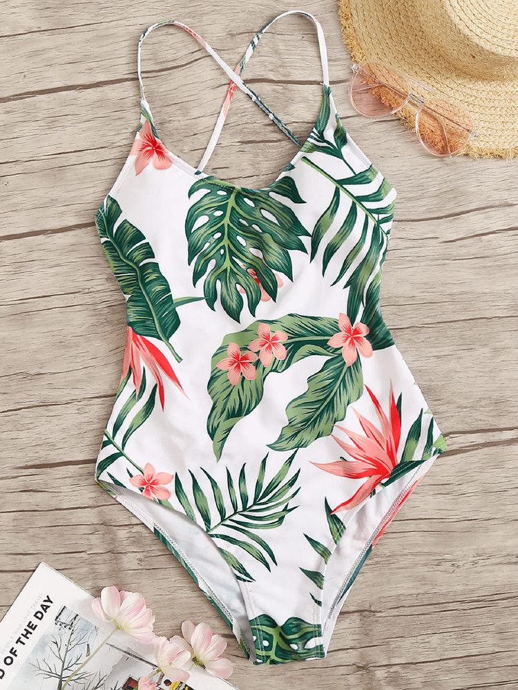 Tropical Print Lace-up Back One Piece Swimsuit | SHEIN