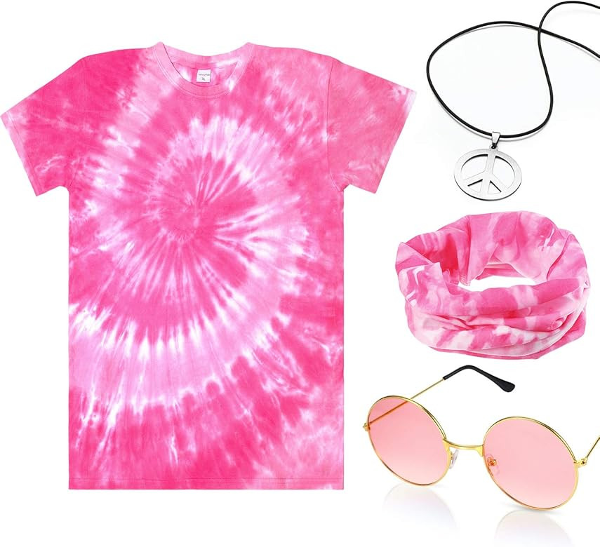 4 Pieces Hippie Costume Set, Include Colorful Tie-Dye T-Shirt, Peace Sign Necklace, Headband and ... | Amazon (US)