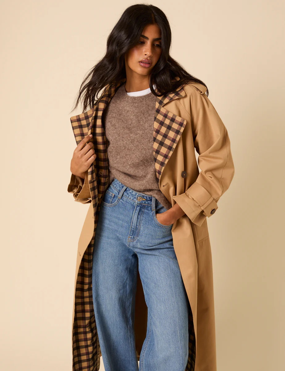 Camel Check Trim Trench Coat | Nobody's Child