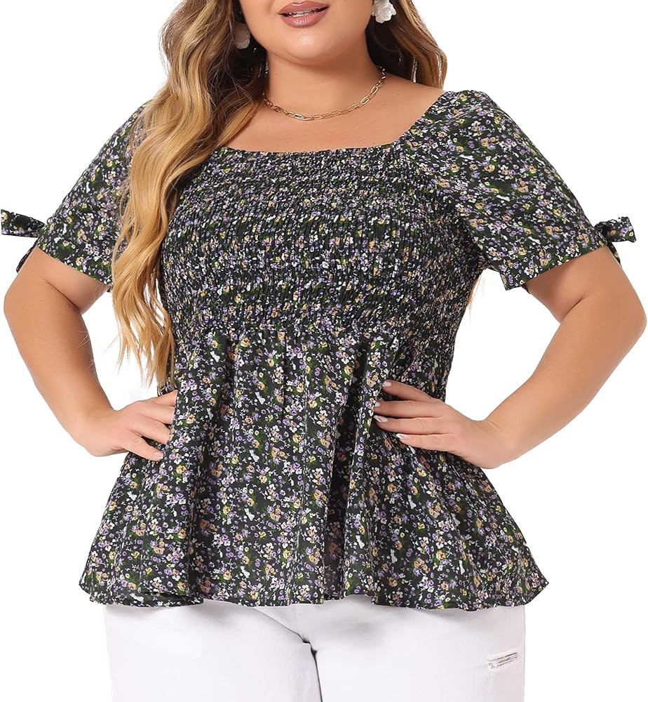 Agnes Orinda Plus Size Summer Tops for Women Square Neck Smocked Bow Tie Short Sleeve Peplum Blou... | Amazon (US)