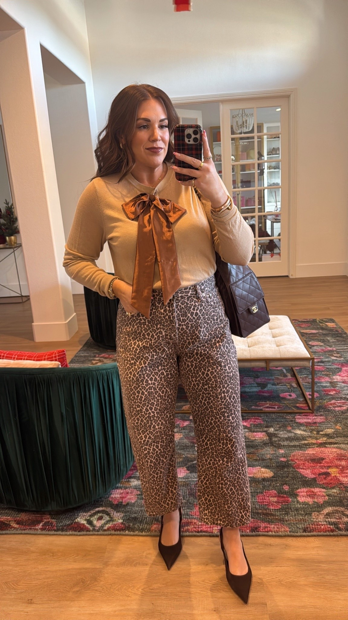 curvy midsize outfit for fall/winter! what i wore on a podcast interview 🤎 in the large in bow sweater top and 30 in leopard denim 

#LTKSeasonal #LTKMidsize