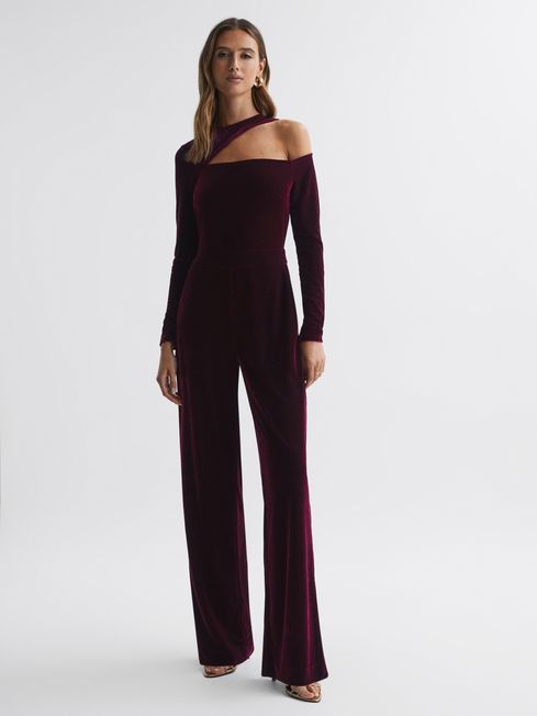 Reiss Berry Adele Velvet Fitted Cut-Out Jumpsuit | Reiss US